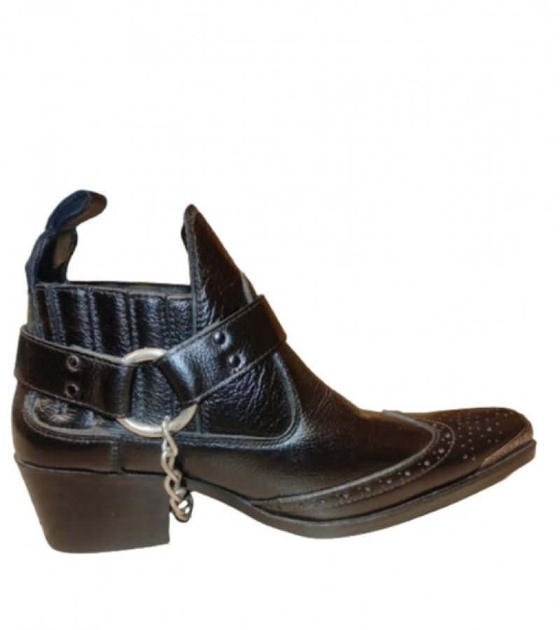 Black Leather Western Simple Cowboy Boots With Metal Chain and Front Sharp Curve