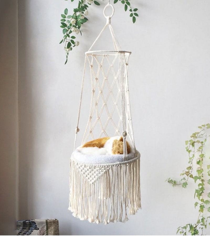 White macrame hammock swing chair for pets